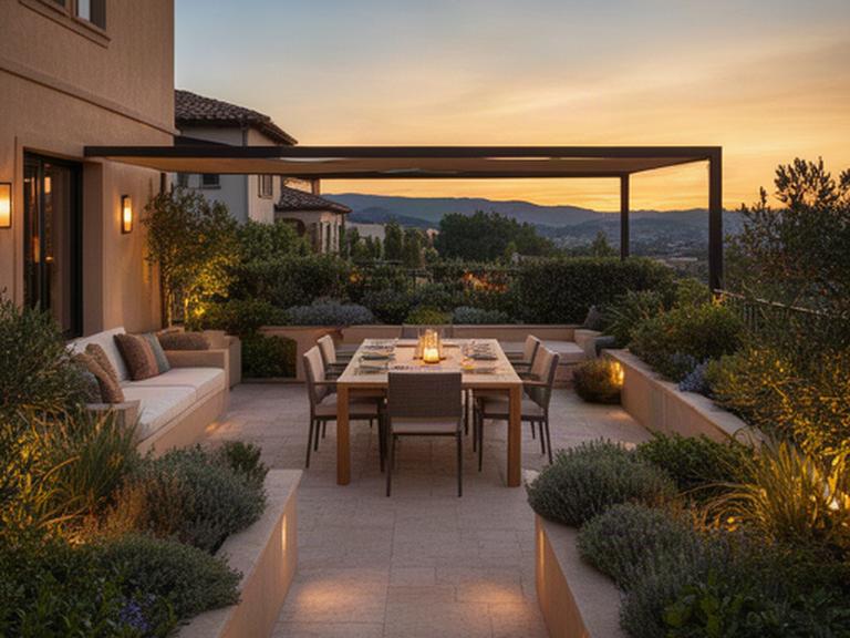Terraza residencial terminada con comedor exterior, iluminación cálida y vegetación mediterránea al atardecer