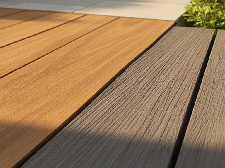 Detalle de tarima de composite junto a una tarima de madera en una terraza soleada