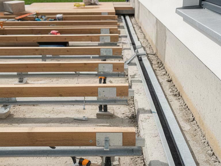 Instalación de una subestructura nivelada con canal de drenaje bajo una terraza exterior